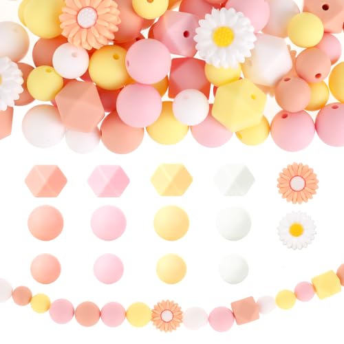 Abeillo 100Pcs Daisy Silicone Beads Silikonperlen Gänseblümchen Blumenförmige, Rund Lose Silikonperlen Bastelperlen, lose Silikonperlen für Schmuckherstellung Armband Halskette Armbänder von Abeillo