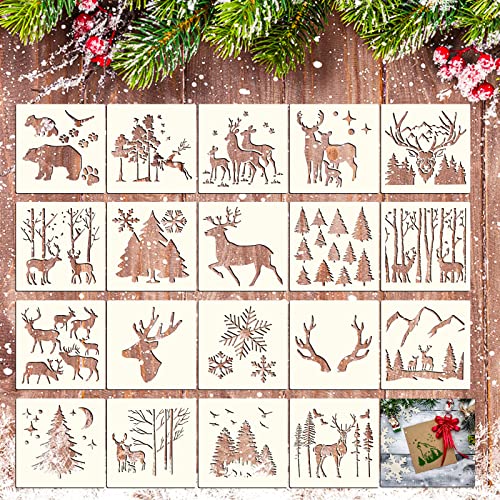 Abeillo 20 Stück Hirsch Schablonen, 15 x 15 cm Kunststoff Malschablonen Elch Wald Schneeflocken Stencil Weihnachten Zeichenschablonen, Wiederverwendbare Vorlagen für DIY Weihnachtskarte Scrapbooking von Abeillo