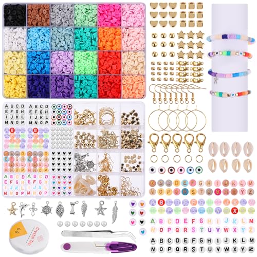 Abeillo 24 Farben Clay Beads, 4800 Stück Heishi Perlen Set Zum Auffädeln, 6mm Polymer Clay Perlen für Armbänder, Armbänder Selber Machen DIY für Chocker, Halskette, Armband, Ohrringe von Abeillo