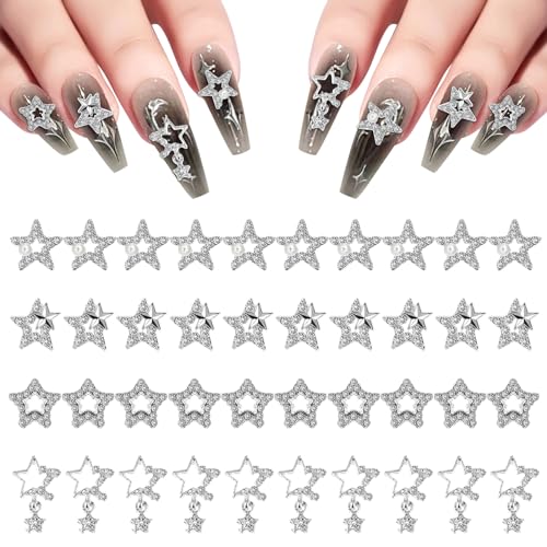 Abeillo 40 Stück Nagel Charms Stern Nagelanhänger, 3D Nagel Strasssteine Nail Charms, Nagel Edelsteine für DIY Nagel Zubehör Handwerk Charms Nägel für Frauen(Silber) von Abeillo