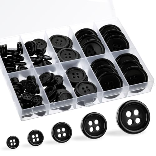 100 Stück Harzknöpfe, Knöpfe Schwarz, 4 Löch Buttons zum Nähen, Rund Knöpfe, Nähknöpfe, Schwarze Knöpfe mit Aufbewahrungsbox zum Basteln, Nähen DIY Handwerk Scrapbooking Dekoration 10/12.5/15/20/25 mm von Abeillo