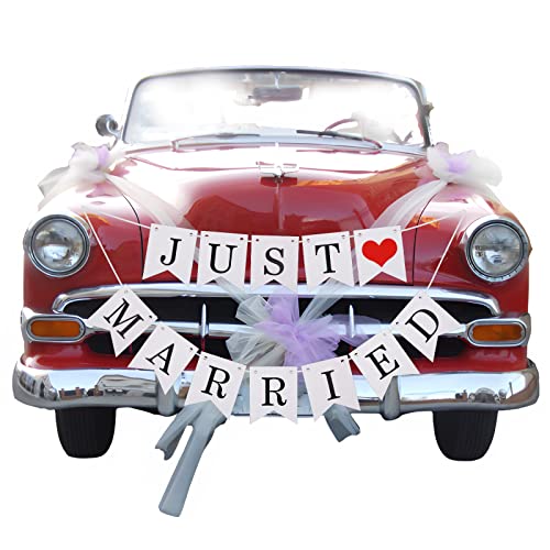 "JUST MARRIED" Banner Hochzeitsdekorationen, Just Married Hochzeitstag Schild Brautdusche Dekoration Banner Auto Dekorationen für Flitterwochen Hochzeit von Abeillo