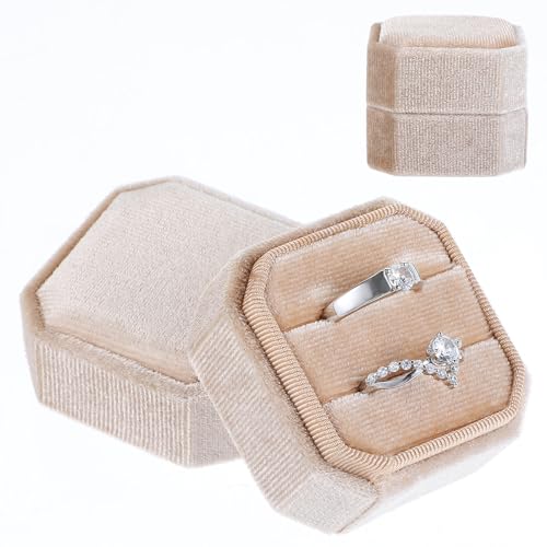 Samt Schmuck Ringbox, Geschenkbox Samt, Anhänger Ohrringe Armband Halskette Box mit Abnehmbarem Deckel, Aufbewahrungsschatulle aus Samt für Schmuckringe für Heiratsanträge Verlobungen Hochzeit (Beige) von Abeillo