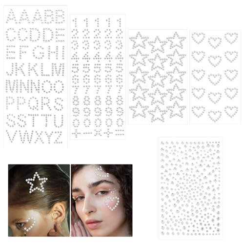 450 Stück Strasssteine Selbstklebend 5 Blätter Glitzersteine Selbstklebend Silber Zahlen, Glitzersteine Gesicht Sticker, Buchstaben, Herzen, Sterne, Strasssteine, für Gesichts Make Up Nail Art von Abeillo