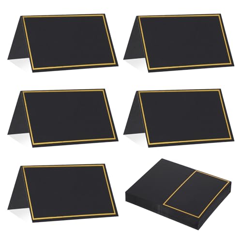 Tischkarten für Tischgedeck – 50 Stück leere Tischkarten mit Goldfolien-Rand, Tischsitz-Namenskarten für Hochzeiten, Bankette, Dinnerpartys (Faltgröße 5,1 x 9,5 cm) (schwarz) von Abeillo