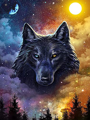 Abillyn 5D Diamond Painting Kits Full Drill, Sonne und Mond Schwarzer Wolf Diamond Art Kreuzstich von Diamonds (Wolf) von Abillyn