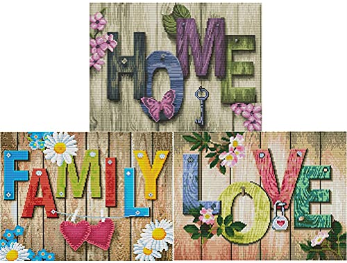 Abillyn Stickerei-Kreuzstich-Set, Holzschild, Haus und Liebe und Familie, 3 Stück, gestempelt mit gedrucktem Muster, Starter-Set (Home & Love & Family 3er-Pack) von Abillyn