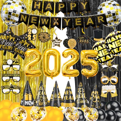 63-teiliges Partyzubehör-Set mit 2025 Zahlen, Luftballons, Happy New Year Banner, Wirbel, Brillen, Hüte, schwarz-goldener Fransenvorhang für 2025 NYE Dekoration von Abitoncc