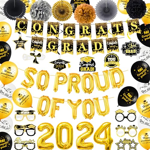 Abitoncc Abschlussfeier Dekorationen 2024 Abschlussdekorationen Congrats Grad Banner So Proud of You Luftballons für High School College Schwarz und Gold Abschluss Party Dekorationen 2024 von Abitoncc