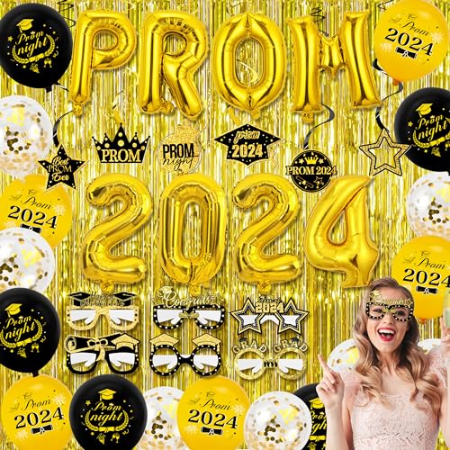 Abitoncc Gold Prom 2024 Dekorationen Abschlussball Luftballons 2024 Banner Schwarz und Gold Abschlussball Dekorationen Abschluss Brille für High School College Abschluss Klasse 2024 für Abschlussball von Abitoncc