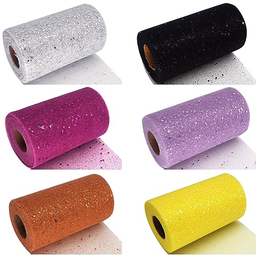 6 Rollen Glitzer-Tüllstoff, 15,2 cm, 50 Yards, Glitzer-Paillettenband für DIY, Tutu-Rock, Babyparty, Halloween-Party, Dekoration von Ableme Deco