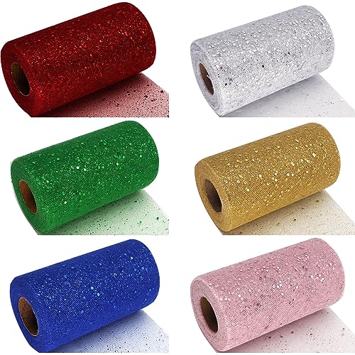 6 Rollen Glitzer-Tüllstoff, 15,2 cm, 50 Yards, Glitzer-Paillettenband für DIY, Tutu-Rock, Babyparty, Weihnachtsfeier, Dekoration von Ableme Deco