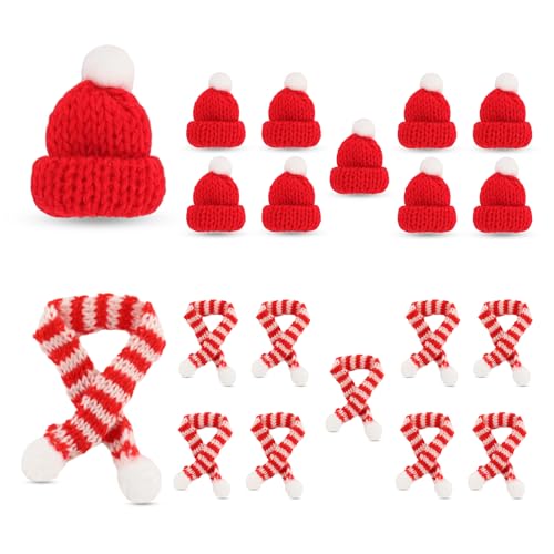 Abnaok 20 Stück Mini Weihnachtsmützen Set, Weihnachtsmütze klein und Schal Set, Mini Wichtelmütze Weihnachtsdekoration von Abnaok