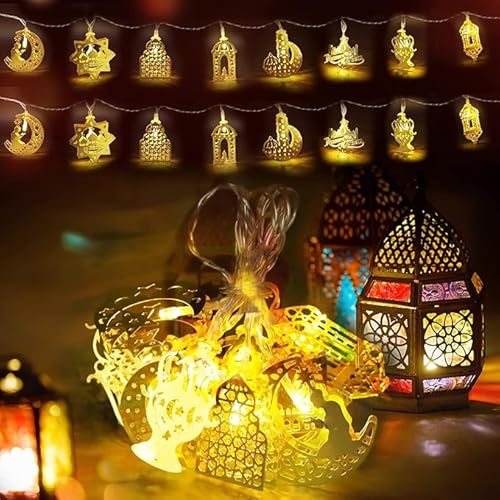 Abnaok LED Ramadan Eid Lichterkette 1.65M 10 LEDs Muslim Ramadan Lichterkette,Ramadan Licht Stern Mond Lichterketten Eid Dekoration Licht Latern für Zuhause Hochzeit Geburtstag Ramadan Party von Abnaok