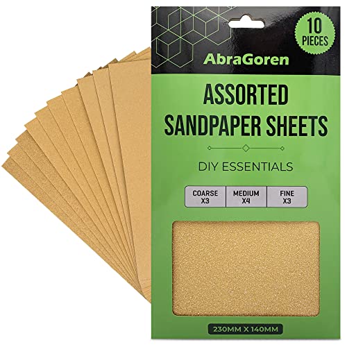 10 Stück Schleifpapier Bögen - gemischte Körnungen, 3x fein, 4x mittel, 3x grob - Sandpapier für Holz und Wände von AbraGoren