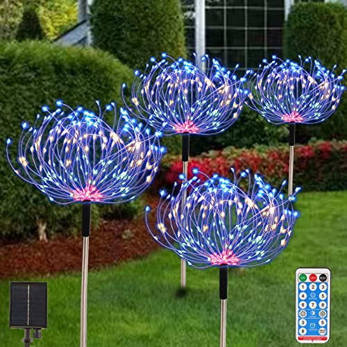 Solar Gartenleuchten für den Außenbereich 4er-Pack 480 LED Feuerwerk Landschaftspfad Solarbetriebene Starburst-Lichterkette wasserdicht 8 modi mit Fernbedienung für Weihnachtsfeier (Mehrfarbig) von AcaJoe