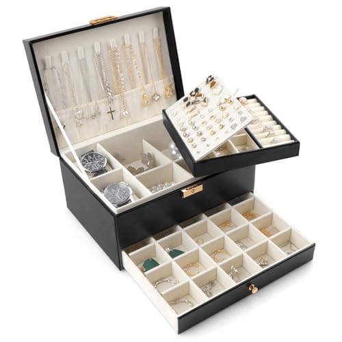 Acasimo Schmuckkästchen für Damen und Mädchen, groß, 3 Ebenen, PU-Leder, Schmuck-Organizer, Reise-Schmuckschatulle, Organizer für Ohrringe, Halsketten, Armbänder, Ringe, Uhren von Acasimo