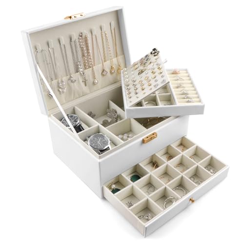 Acasimo Schmuckkästchen für Damen und Mädchen, groß, 3 Ebenen, PU-Leder, Schmuck-Organizer, Reise-Schmuckschatulle, Organizer für Ohrringe, Halsketten, Armbänder, Ringe, Uhren von Acasimo