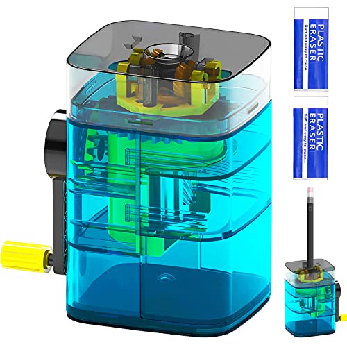 Acboor Anspitzer, Spitzer Bleistiftspitzer Manueller mit Behälter mit Spiralkochfeld und Automatischer Stoppfunktion mit 2 Radiergummis für Kinder Schüler Künstler Büro (Blau) von Acboor