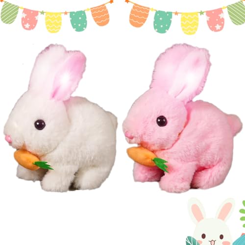 Accrue Bunby - My Realistic Bunny Toy, Bunbi Realistic Bunny, Vitality Bliss Stuffed Bunny, Carrot, Jumping, Luminous and Shaking Ears, Handmade, Easter Gift (White+Pink) von Accrue