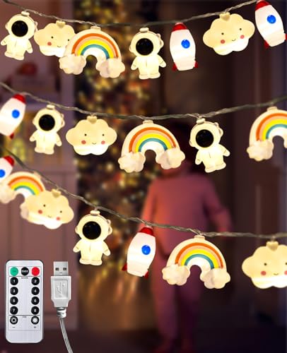 AceList Kinder Lichterkette, 3M 20 LED Lichterkette kinderzimmer Mit Batterie und Timer USB, Warmweiße 8 Modi Lichterkette Astronaut Rakete Wolken Regenbogen für Kinderzimmer, Geburtstagsparty Dekor von AceList