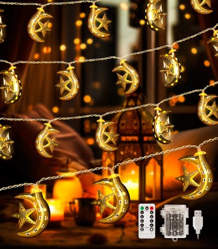 AceList Ramadan Eid Lichterkette 3M 20 LEDs, Stern Mond Lichterketten USB und Batteriebetrieben 8 Modi mit Timer Innen Ramanda Dekoration Lichter für Eid Festival Party Dekoration von AceList