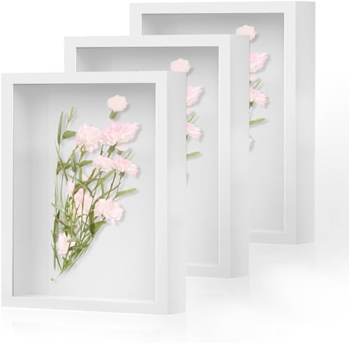 3D Bilderrahmen zum Befüllen 20 x 25 cm- 3 Pack Bilderrahmen Tief Holz Rahmen mit Glas Geeignet für Tischpräsentation, Zeichnungen, Fotos, Trockenblumen, Wandmontage, Shadow Box Rahmen (weiß) von Acebliss