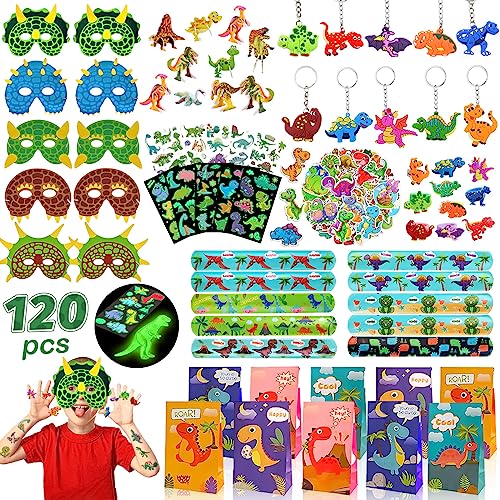 Acebwhtoy Dinosaurier Kindergeburtstag Mitgebsel Set, 120 Stück Dino Geburtstag Deko,Dino Party Gastgeschenk mit Schnapparmband Geschenktüte Schlüsselanhänger für Mädchen Jungen von Acebwhtoy