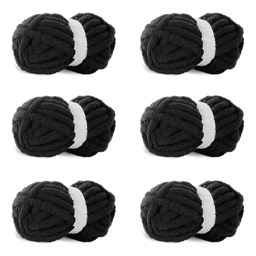 Schwarzes grobes Chenille-Garn, 6 Stück, grobes Chenille-Garn zum Handstricken, sperriges dickes klobiges Plüschgarn für Heimwerker, extra sperriges grobes Garn für Handstrickdecken (27,7 m, je 250 g) von Acedining