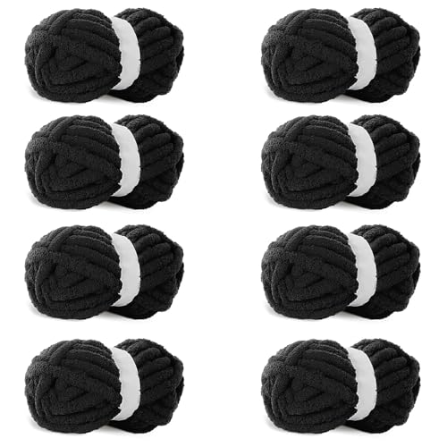 Schwarzes grobes Chenille-Garn, 8 Stück, grobes Chenille-Garn zum Handstricken, sperriges dickes klobiges Plüschgarn für Heimwerker, extra sperriges grobes Garn für Handstrickdecken (27,7 m, je 250 g) von Acedining