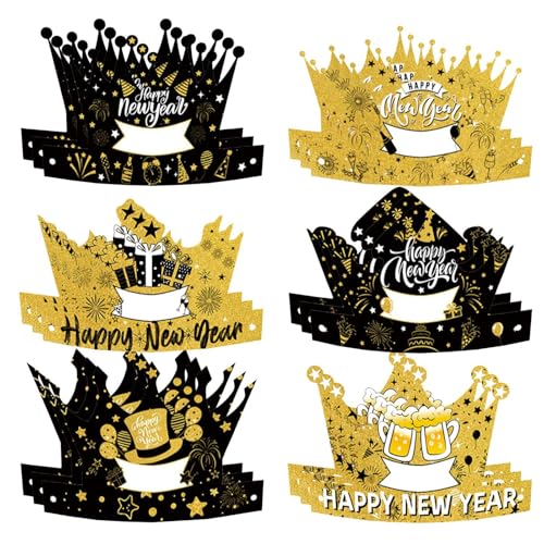 Aceirropy Happy New Year Hats, 18X Portable Crown Paper Hats, New Year Headwear, Photo Props, Black and Gold Tiara for Boys Girls Kids Adults and Teens von Aceirropy