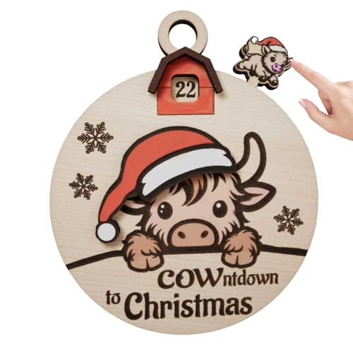 Aceirropy Weihnachts-Countdown-Schieberegler, Weihnachts-Countdown-Wandkalender,Highland Cow Bis Weihnachten Countdown-Schild | Verschiebbarer Weihnachts-Wandschmuck aus Holz, 3D-Countdown-Schild „Bis von Aceirropy