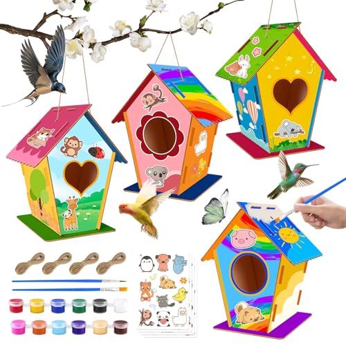 Acentor Vogelhaus Bausatz für Kinder, 4 Stück Holz Vogelfutterhaus Bastelset, DIY Vogelhaus zum Bemalen, Holzbastelsets für Kinder, Vogelkasten Bastelset Geschenke für Jungen Mädchen von Acentor