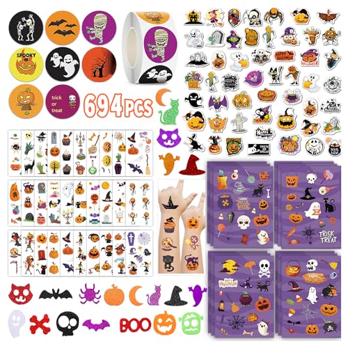 Acevegue 694 PCS Halloween Deko Set, Kinder Aufkleber-Tattoo-Geschenktasche Set Tattoo Sticker Süßigkeitentasche Für Jungen Mädchen, Halloween Party Dekoration Halloween Accessoires von Acevegue