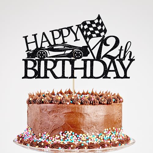 Glitter Happy 12th Birthday Cake Topper - Happy 12th Birthday Cake Decoration, Racing Car Theme 12th Birthday Party Decoration Supplies Black von Acexylmy