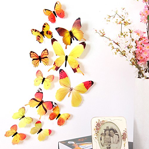 Schmetterling Aufkleber Kinderzimmer Deko Regenbogen Dekorationen Wandaufkleber 3D Aufkleber 12 Stück Heimdekoration Wandtattoo Badezimmer Jugendzimmer (Yellow, One Size) von Achimlt