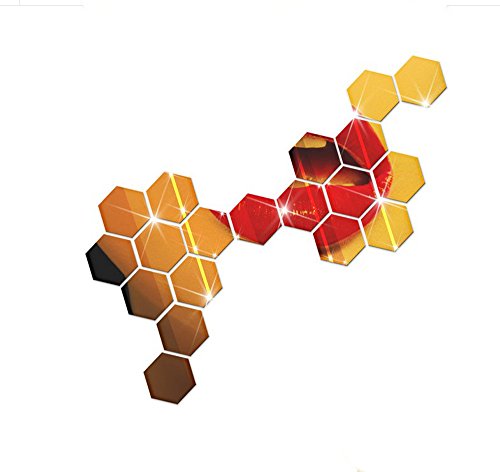 Wandsticker Wohnzimmer Deko Wand 12 Stücke 3D Spiegel Hexagon Vinyl Abnehmbare Wandaufkleber Aufkleber Home Decor Art DIY Kinderzimmer Fliesenaufkleber Bad (Gold, One Size) von Achimlt