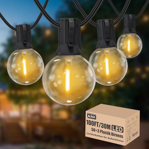 Achin LED Lichterkette Außen 30M, Outdoor Lichterkette mit 50+3 G40 E12 Birnen IP44 Wasserdich Lichterkette für Außen Garten Terrassen Balkon Hochzeit, Warmweiß 2700K von Achin