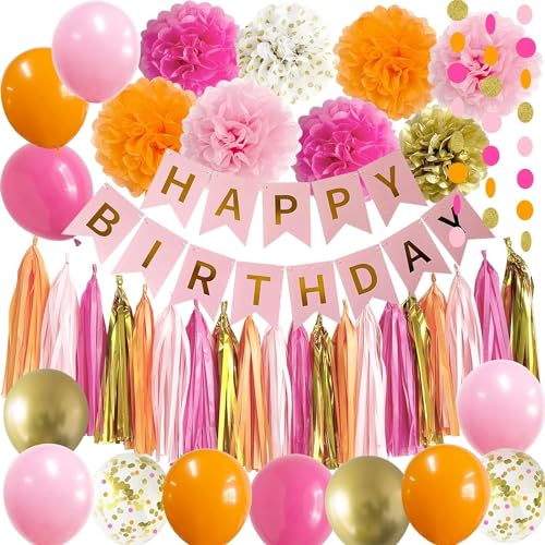 Acidea Geburtstagsdeko Rosa Orange, Deko Geburtstag Hot Pink und Orange, Hellrosa Orange Hot Pink Gold Ballons Dekor, Happy Birthday Banner, Pompons für Männer Frauen Geburtstag Deko von Acidea