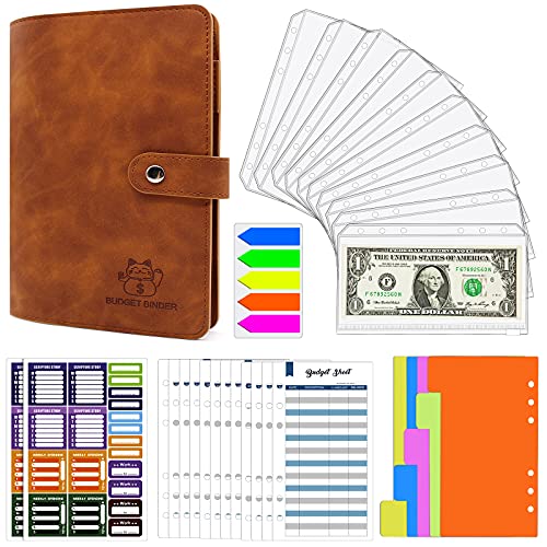 Binder Notizbuch A6, PU Leder Binder Taschen Notizbuch, Geldbinder, Money Organizer für Bargeld, Budget Ordner mit Reißverschluss Umschläge, Budget Wallet Binder Dividers (braun) von Aocii