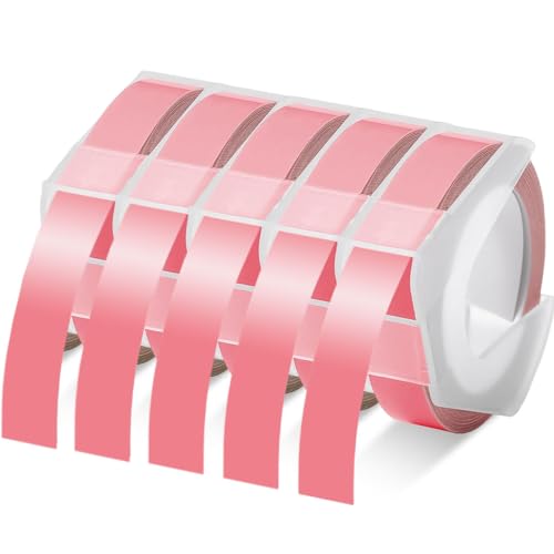 Acmerota 5 Stück selbstklebendes Klebeband mit rosa Prägung, kompatibel für DYMO Omega Etikettenband, weißer Druck auf Gold, 9 mm x 3 m Rollen, 3D-Prägungsetikettenband für Dymo Omega S0717930 von Acmerota