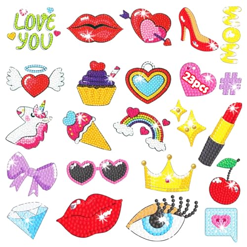 Acuiwer 23STK Valentinstag Diamond Painting Kinder DIY Diamant Aufkleber Kit Diamantmalerei für Kinder Rote Lippen Geburtstags Geschenk für Jungen Mädchen (#10-Red Lips-23 Stk) von Acuiwer