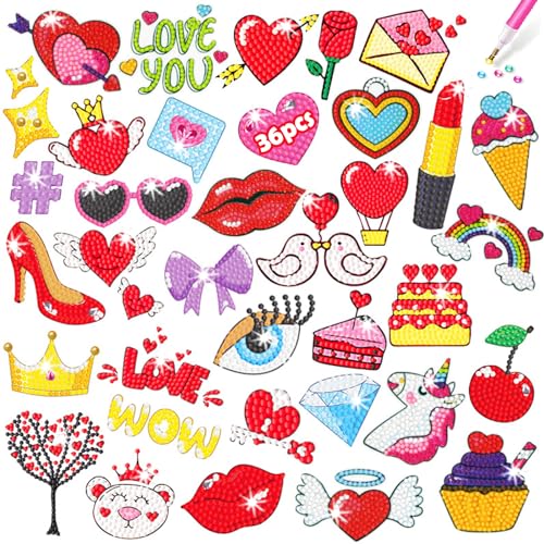 Acuiwer 36 STK Valentinstag Diamant Painting Kinder 5D Diamant Painting Bilder Stickers Liebe Rote Lippen Lippenstift Diamanten Kinder ab 4 5 6 7 8 9 10 von Acuiwer