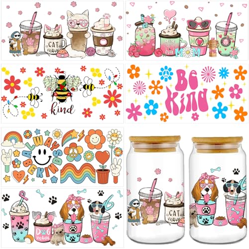 Acuiwer 6 Blätter DTF Transferaufkleber Transfer Aufkleber UV DTF Transfer Decals Tasse Wrap Transfer Sticker für Glasbecher Glas Tassen Dekor Pflanze Aufkleber (A-Cute) von Acuiwer