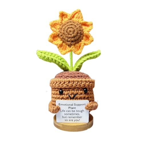 Acunny Häkelpuppe, emotionale Unterstützung, gestrickte Blume mit Positivkarte, künstlicher Sonnenblumenstrauß – gestrickte Blumen, lustige Häkelblume, kleine Bürodekoration von Acunny