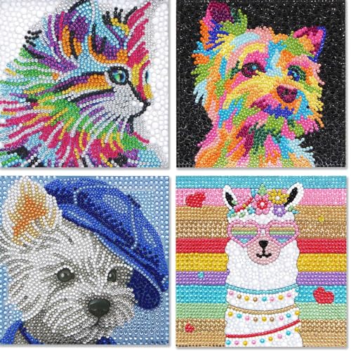 Acvruxyn 4er Pack Diamond Painting Kinder, Niedliche Tier-Motive, DIY Mosaik-Kunst für Anfänger, Vollrundbohrer Diamant Malerei, Kreatives Geschenk für Mädchen und Jungen 15x15cm von Acvruxyn