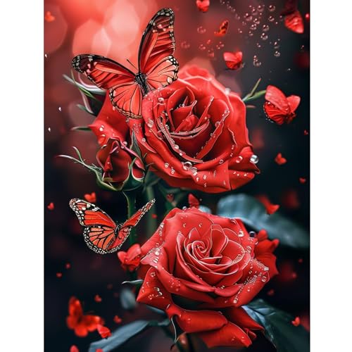 Acvruxyn 5D Diamond Painting Set für Erwachsene, rote Rose Diamond Painting Kits, Schmetterling Diamant Malerei, DIY Blumen Diamantmalerei Full Drill Cross Stickerei Malerei Kits Wand Décor (30x40cm) von Acvruxyn