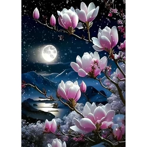 Acvruxyn 5D Magnolienblume Diamond Painting Set, Mond Diamant Painting, DIY Diamant Painting Kit für Erwachsene, Vollbohrer Kunstwerk für Wanddeko 30x40cm von Acvruxyn