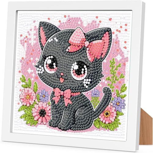 Acvruxyn Katze Diamond Painting Kinder mit Rahmen,DIY Mosaik-Bastelset für Kinder Mädchen,Malen nach Zahlen Diamond Painting,5D Niedliche Tiere Diamant Painting Bilder,für Home Wanddeko18x18cm von Acvruxyn