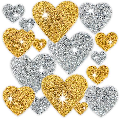 16 x Herz-Strass-Patches für Kleidung, zum Aufbügeln, Herz-Aufnäher, Applikation, Gold/Silber, Herz-Flicken für Kleidung, Reparatur, Dekoration, Basteln, 4 Größen von Acxbbian